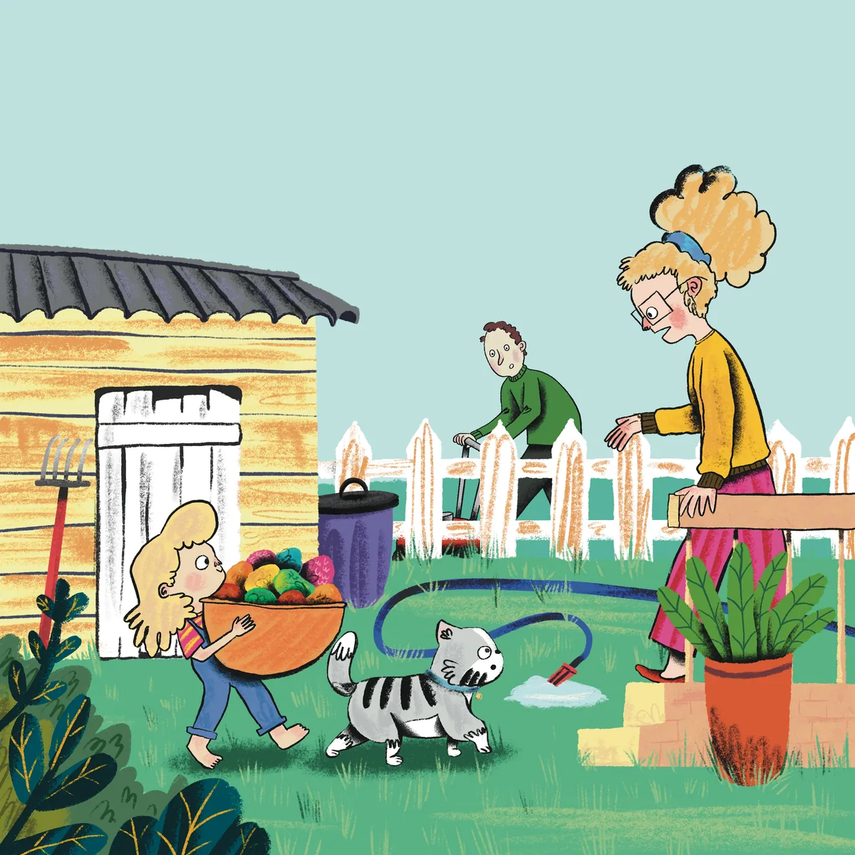 A girl carries a basket of fruit in the garden, accompanied by a cat and her family.