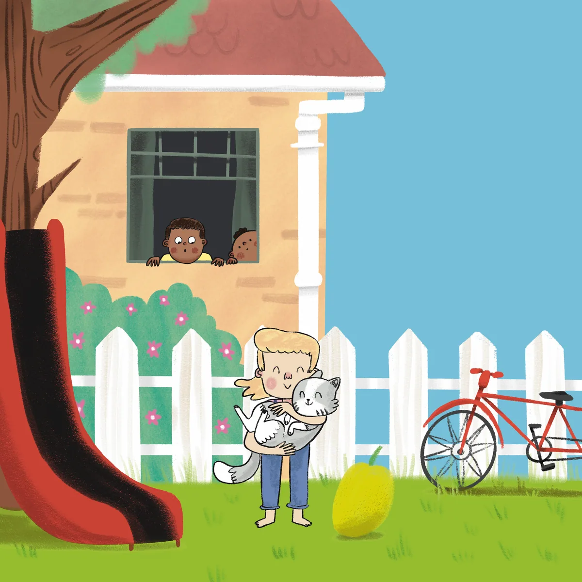 A girl hugs a cat near a yellow house and a red bicycle.