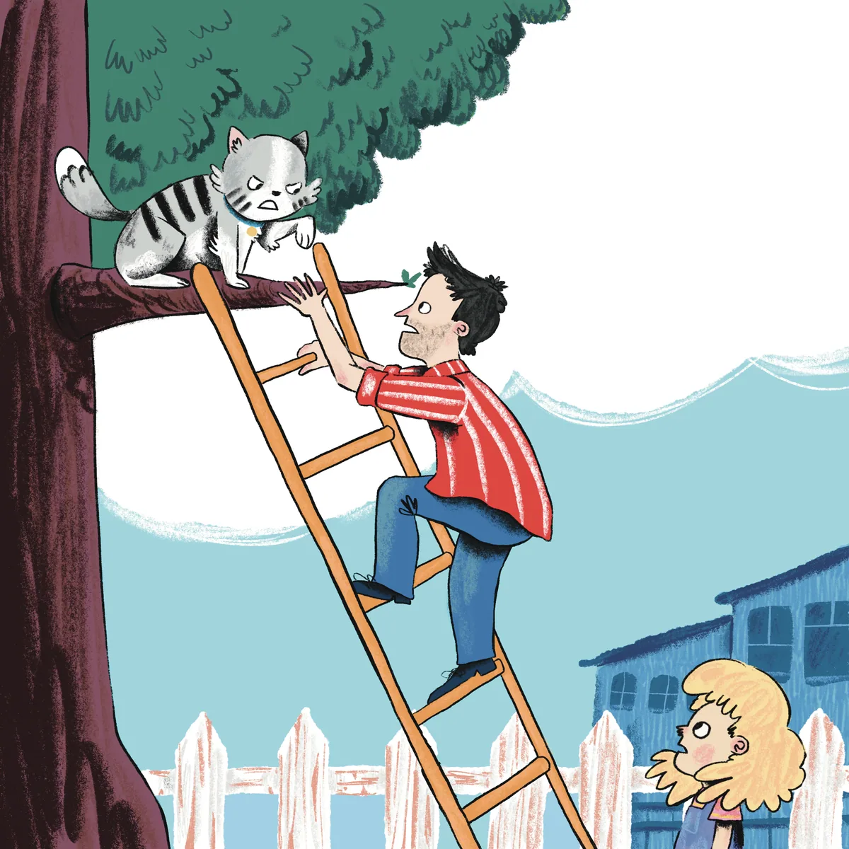 A boy climbs a ladder to reach a cat at the top of a tree.
