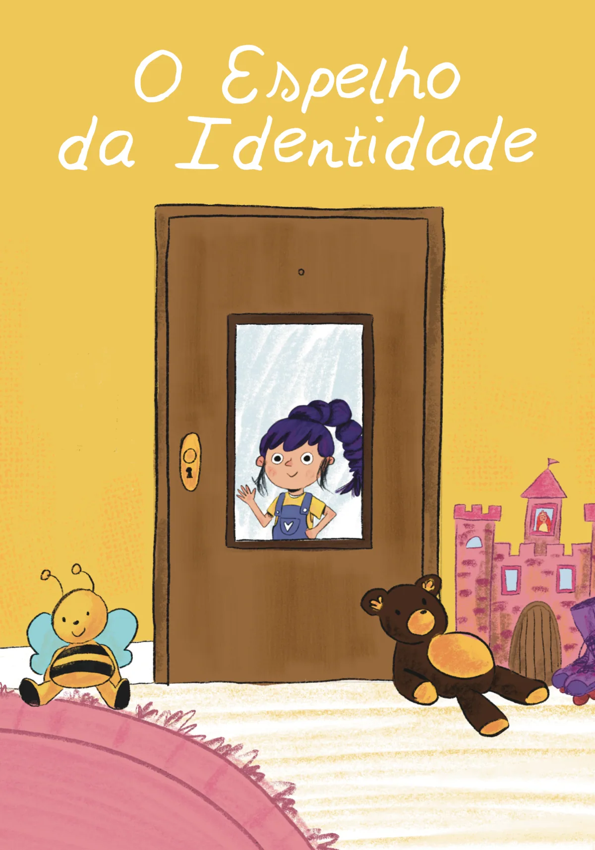 Yellow cover of O Espelho da Identidade, with a girl reflected in a mirror.