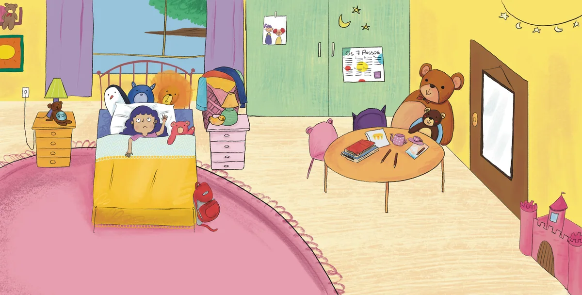 A colourful bedroom with a girl waking up in bed and another scene of her in front of a mirror.
