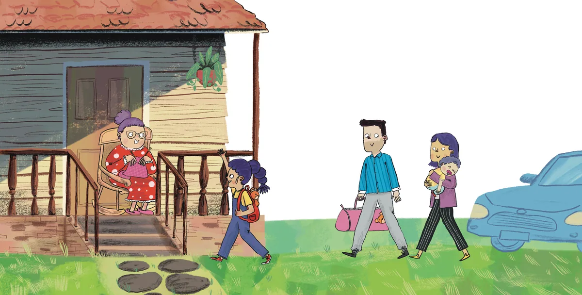 A family arrives at the wooden house of a woman sitting on the porch.