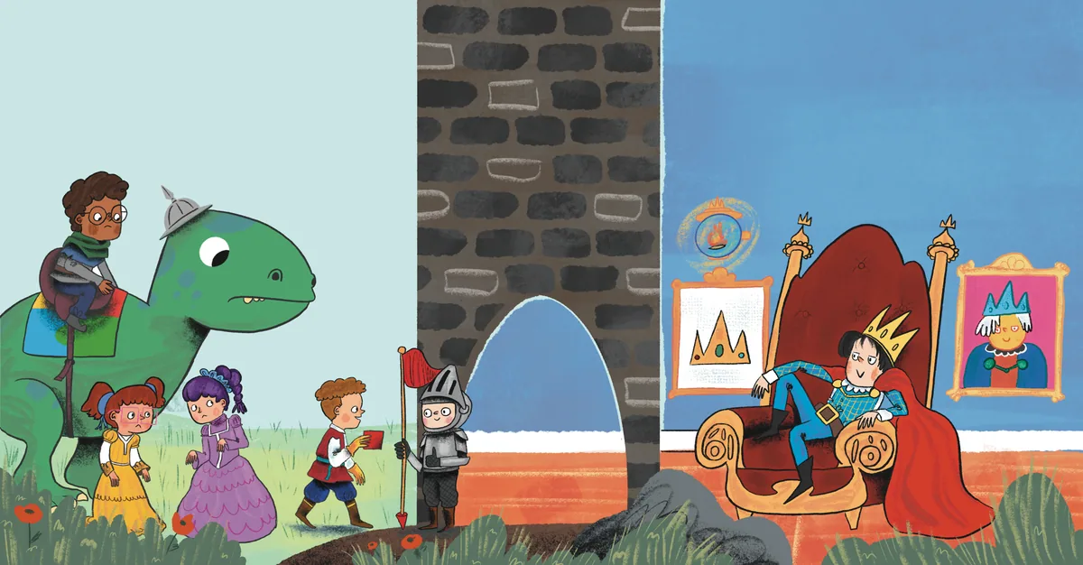 Children imagine a world with a castle, a dinosaur, knights and a queen.