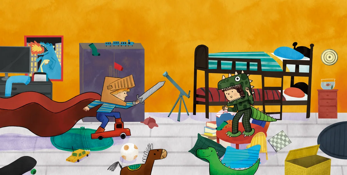 Children turn their bedroom into an adventure with costumes, a slide and toys.
