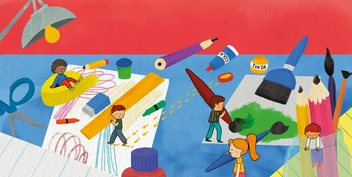Little characters play among giant pencils, paints, brushes and drawings.