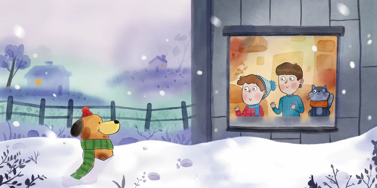 A dog in the snow watches two children and a cat through the lit window of a house.