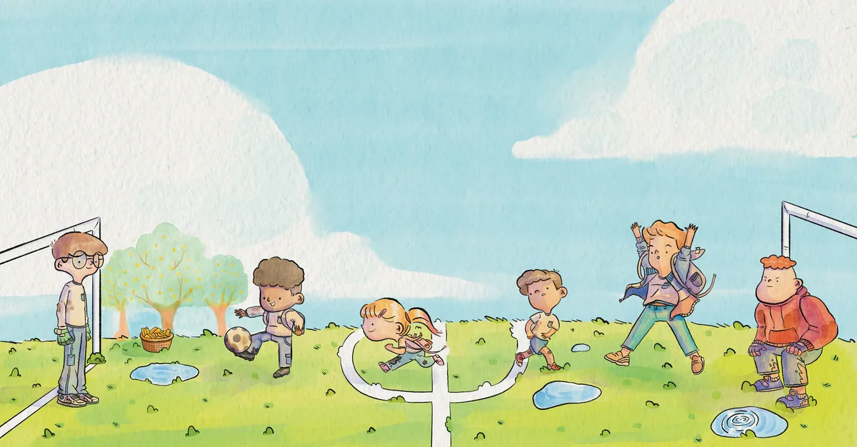 Children play ball and run around in a field with puddles.