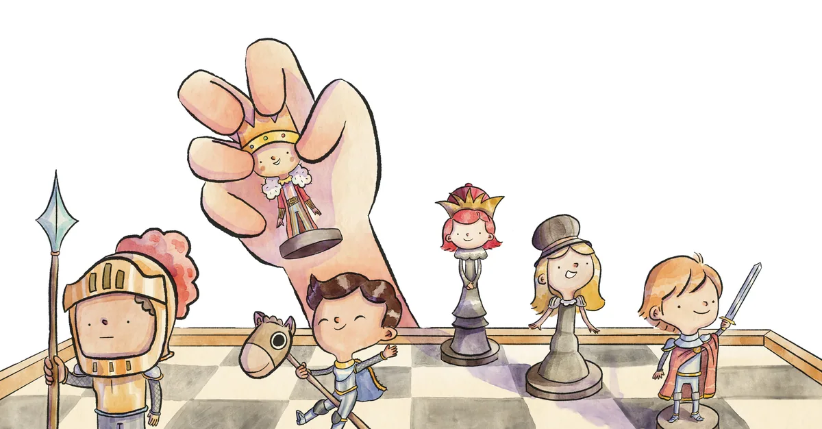 Chess pieces come to life with faces and costumes as a hand moves a small character.