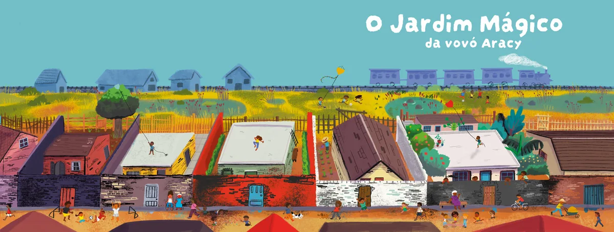 Panoramic view of houses, gardens and mountains on the cover of O Jardim Mágico da Vovó Aracy.