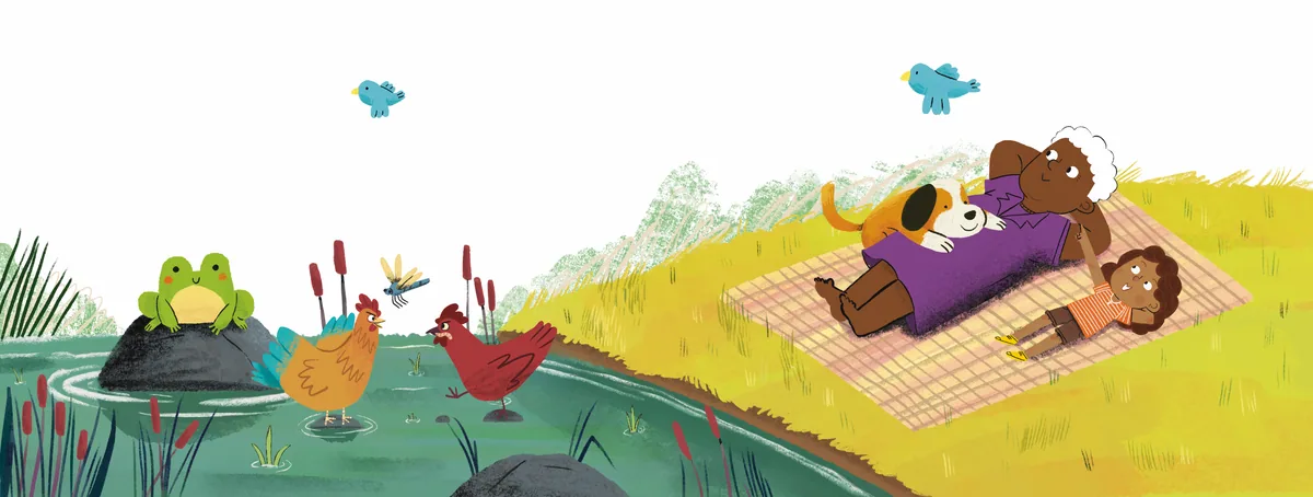 A grandmother and a child have a picnic near a pond with frogs and birds.