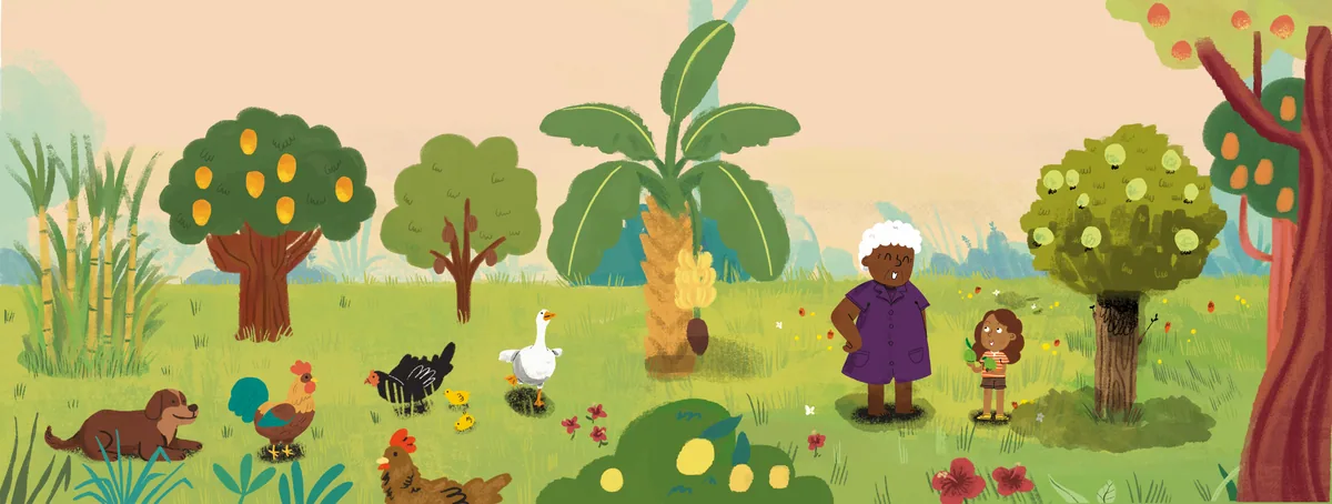 A grandmother and a child walk among fruit trees, flowers and animals in the garden.