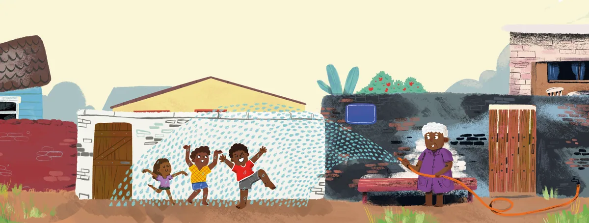 Children play football on a street lined with colourful houses, near a car and a dog.