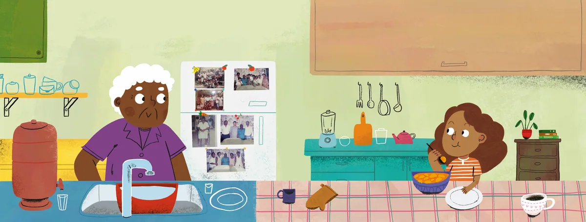 A grandmother washes dishes while talking to a child eating at the kitchen table.