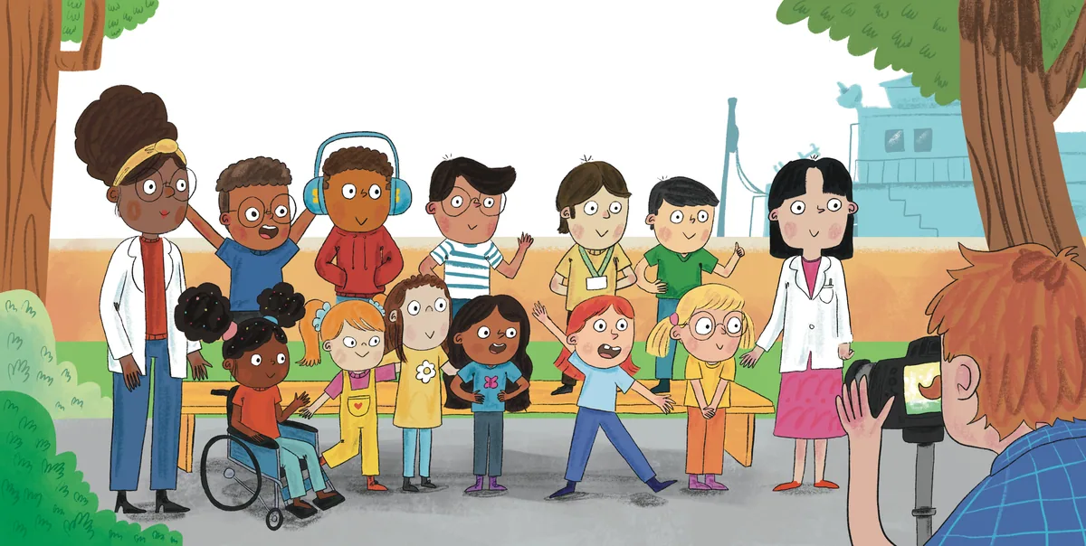 Children and their teacher pose together for an outdoor class photograph.