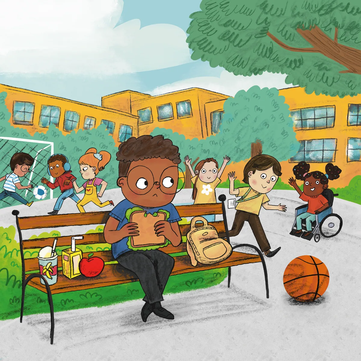 A boy with glasses reads on a bench in the schoolyard while other children play.