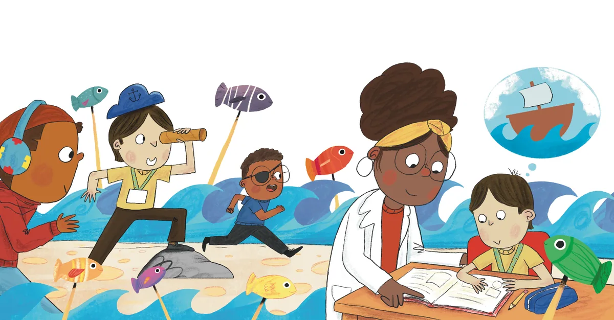 A teacher reads with a child as their imagination becomes a pirate adventure.