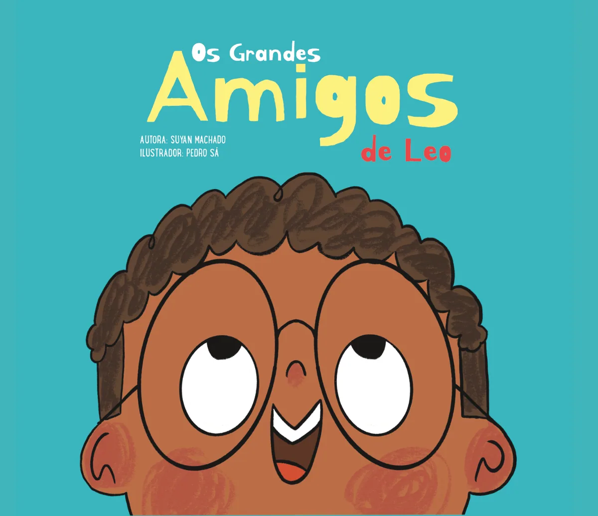Cover of Os Grandes Amigos de Leo, featuring a boy with glasses against a turquoise background.