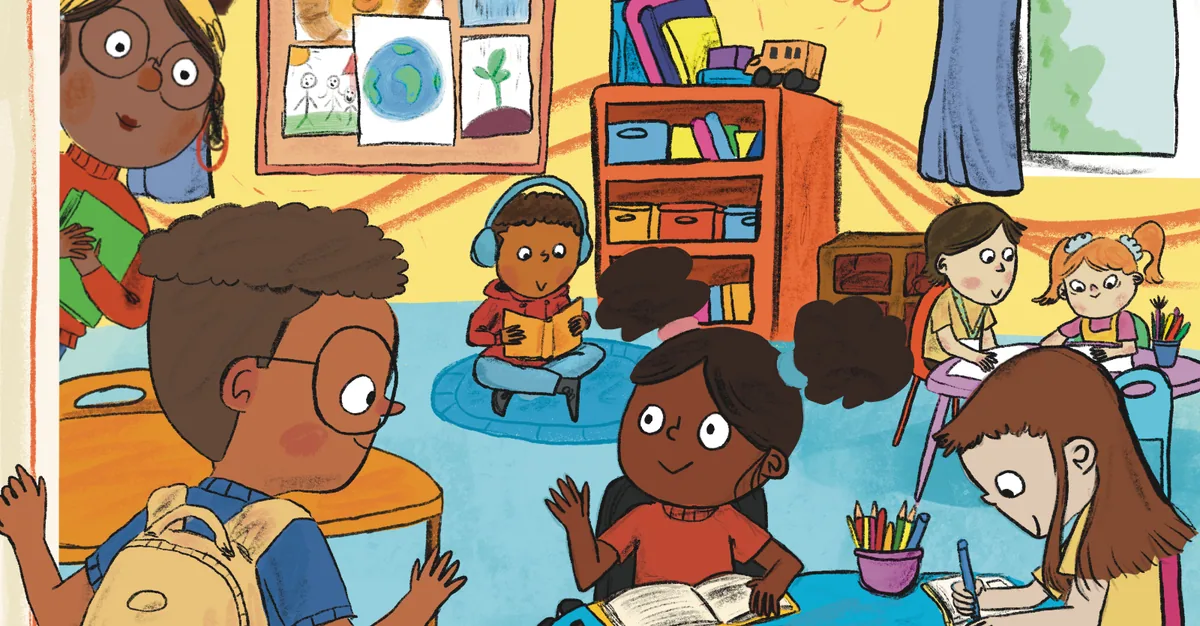 Children read and talk in a classroom with books, toys and drawings.