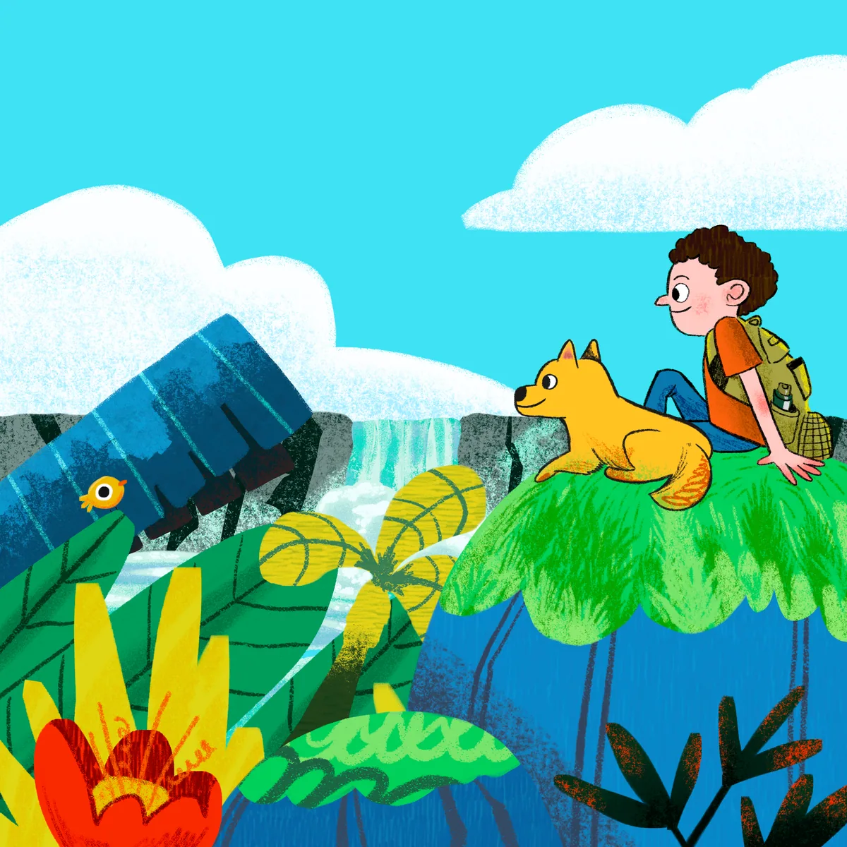 A boy and a caramel-coloured dog admire a waterfall among mountains and colourful plants.