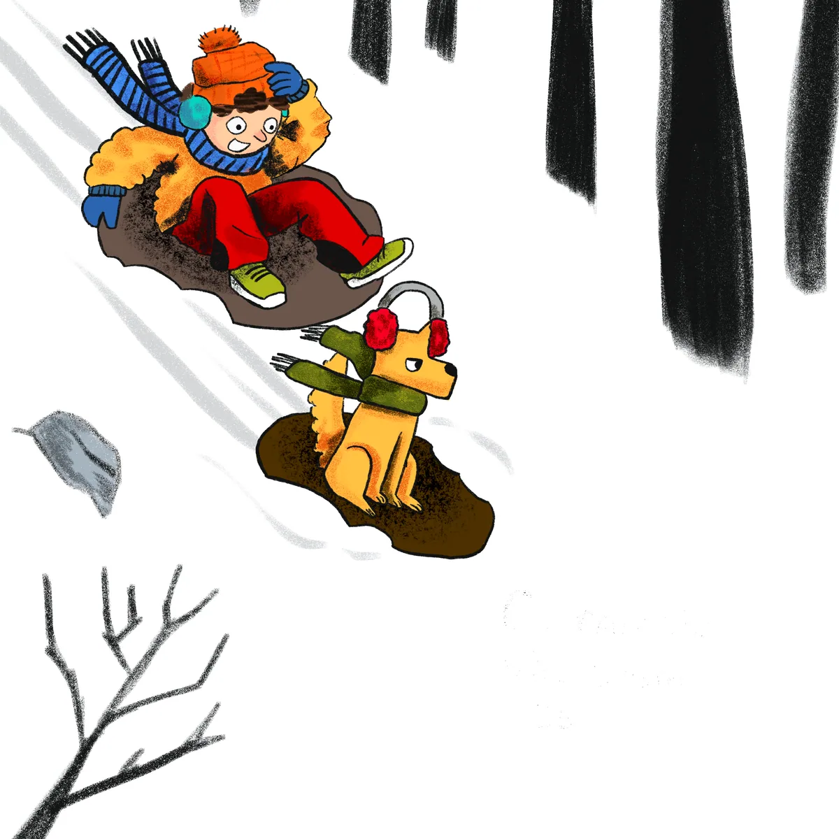 A boy and a dog slide through the snow among dark tree trunks in a forest.