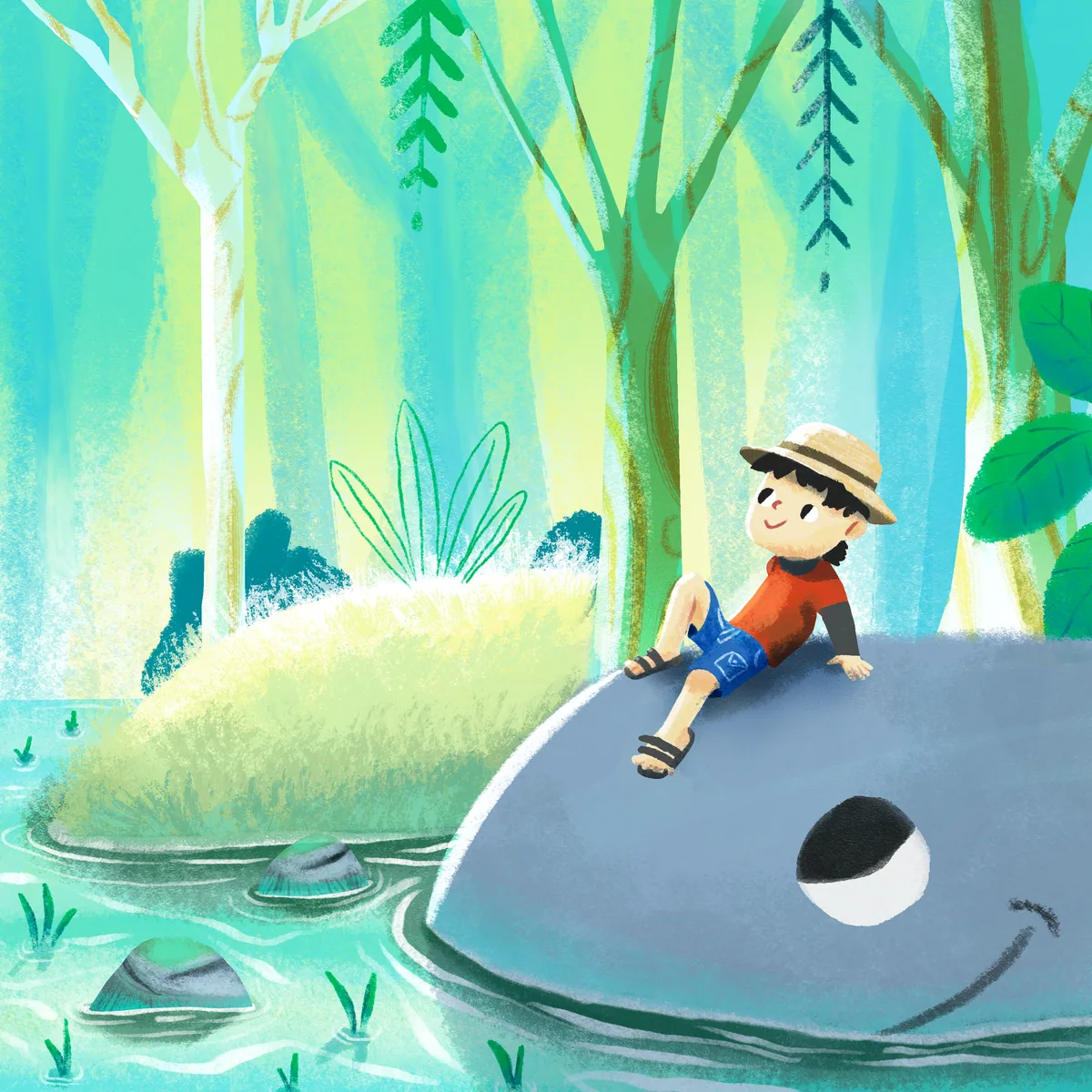 A boy wearing a hat sits on a large smiling fish in a sunlit forest.