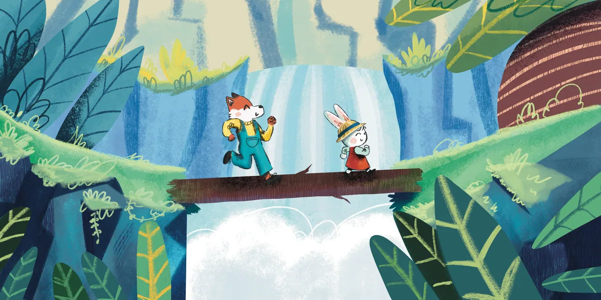 A fox and a rabbit cross a wooden bridge over a waterfall in the forest.